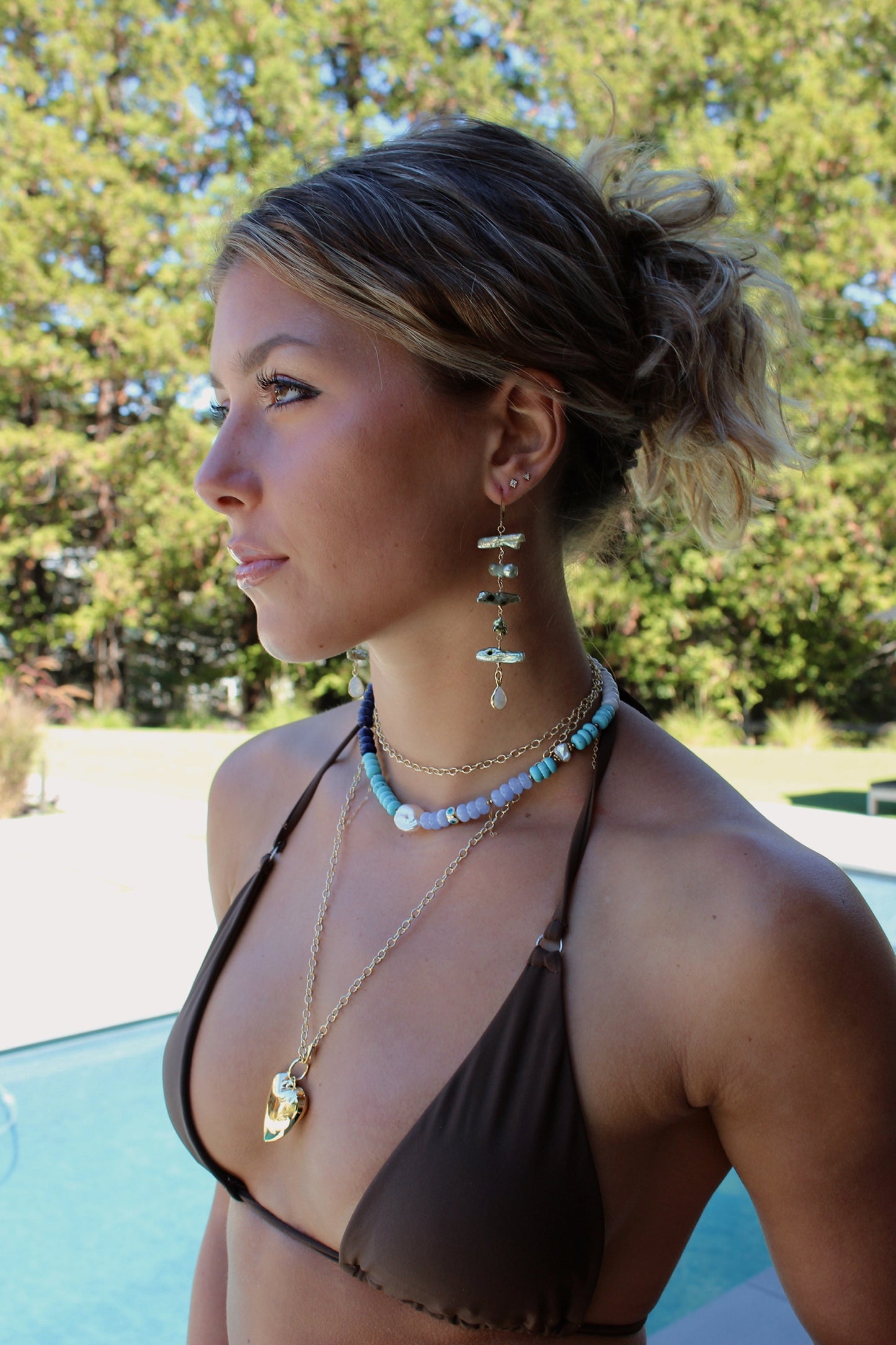 Freshwater Pearl Stick earrings with Moonstone drop