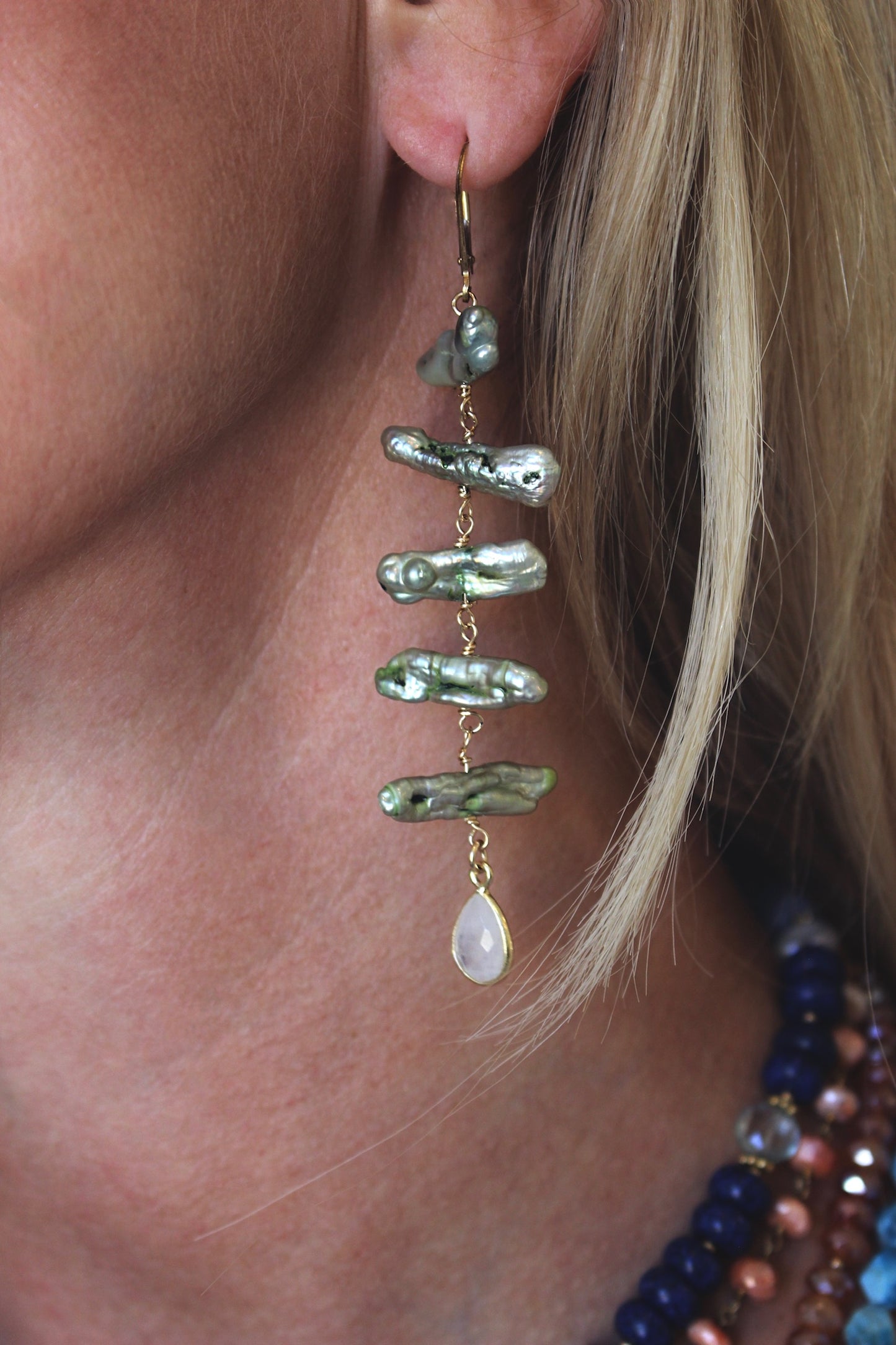 Freshwater Pearl Stick earrings with Moonstone drop