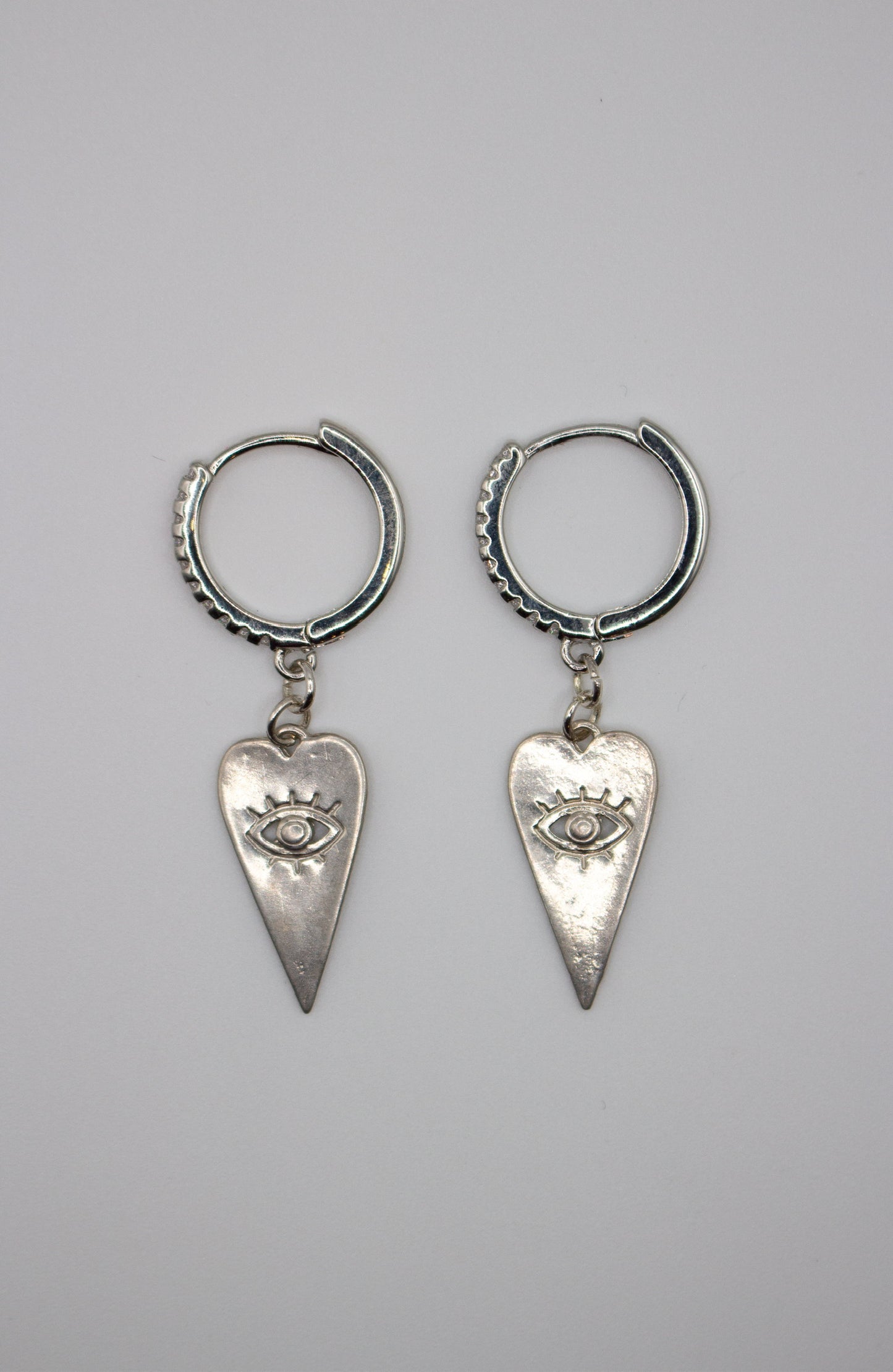 Silver Evil Eye Hearts on Fire Huggies