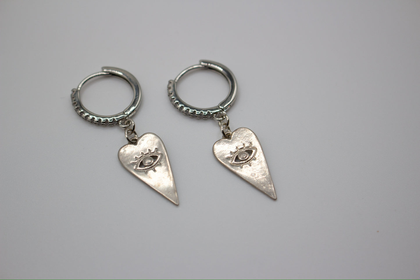 Silver Evil Eye Hearts on Fire Huggies