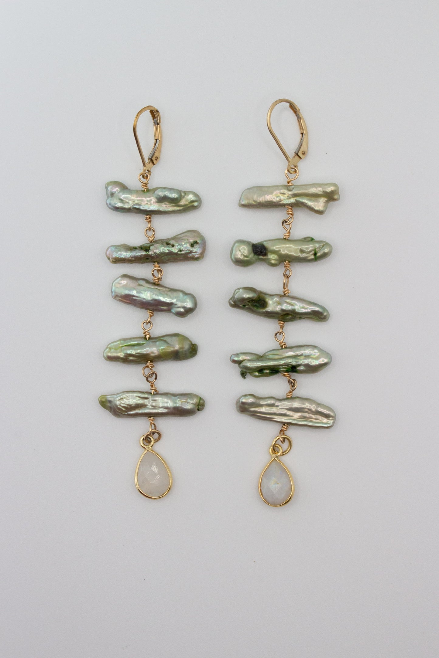 Freshwater Pearl Stick earrings with Moonstone drop