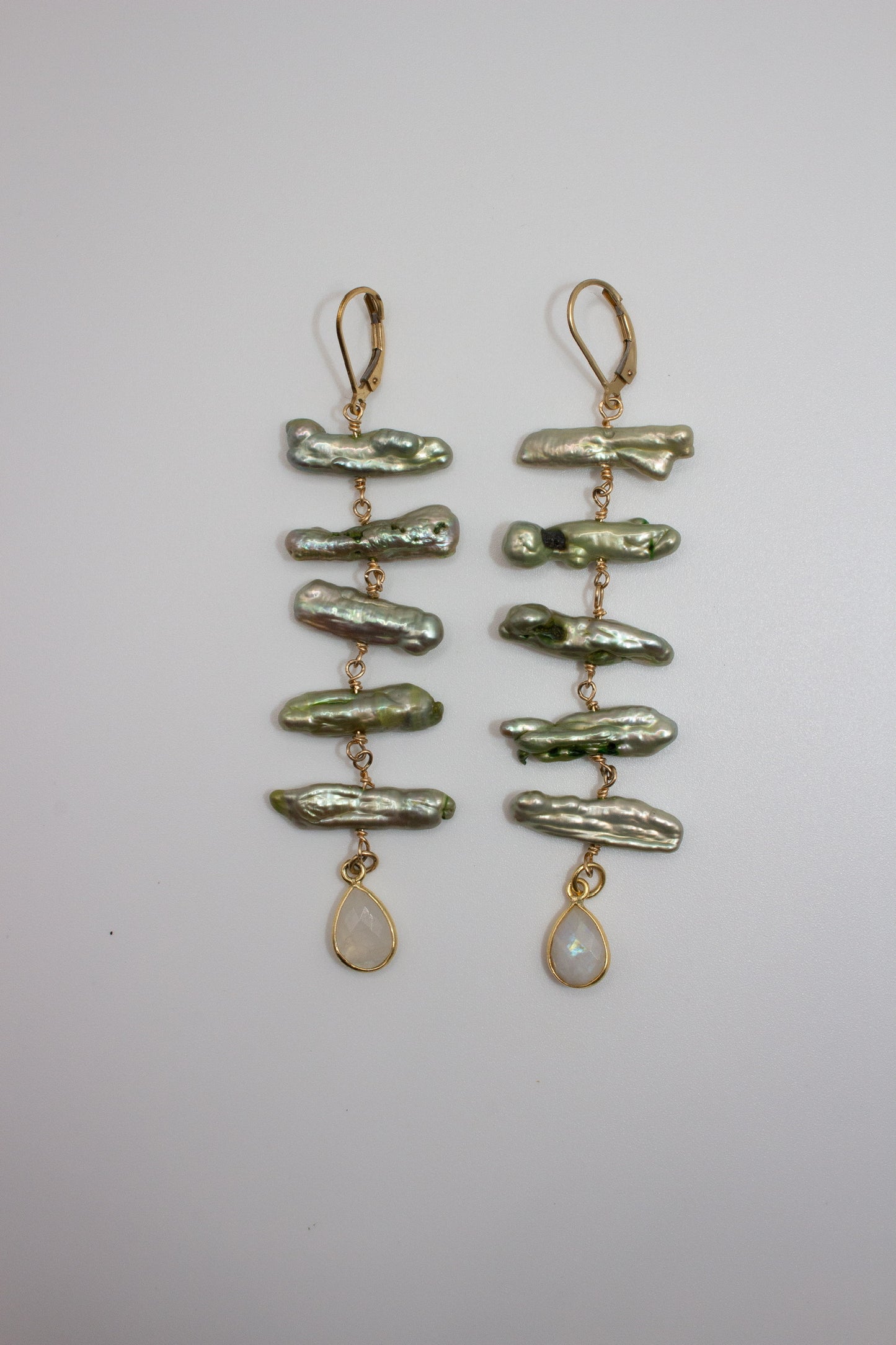 Freshwater Pearl Stick earrings with Moonstone drop