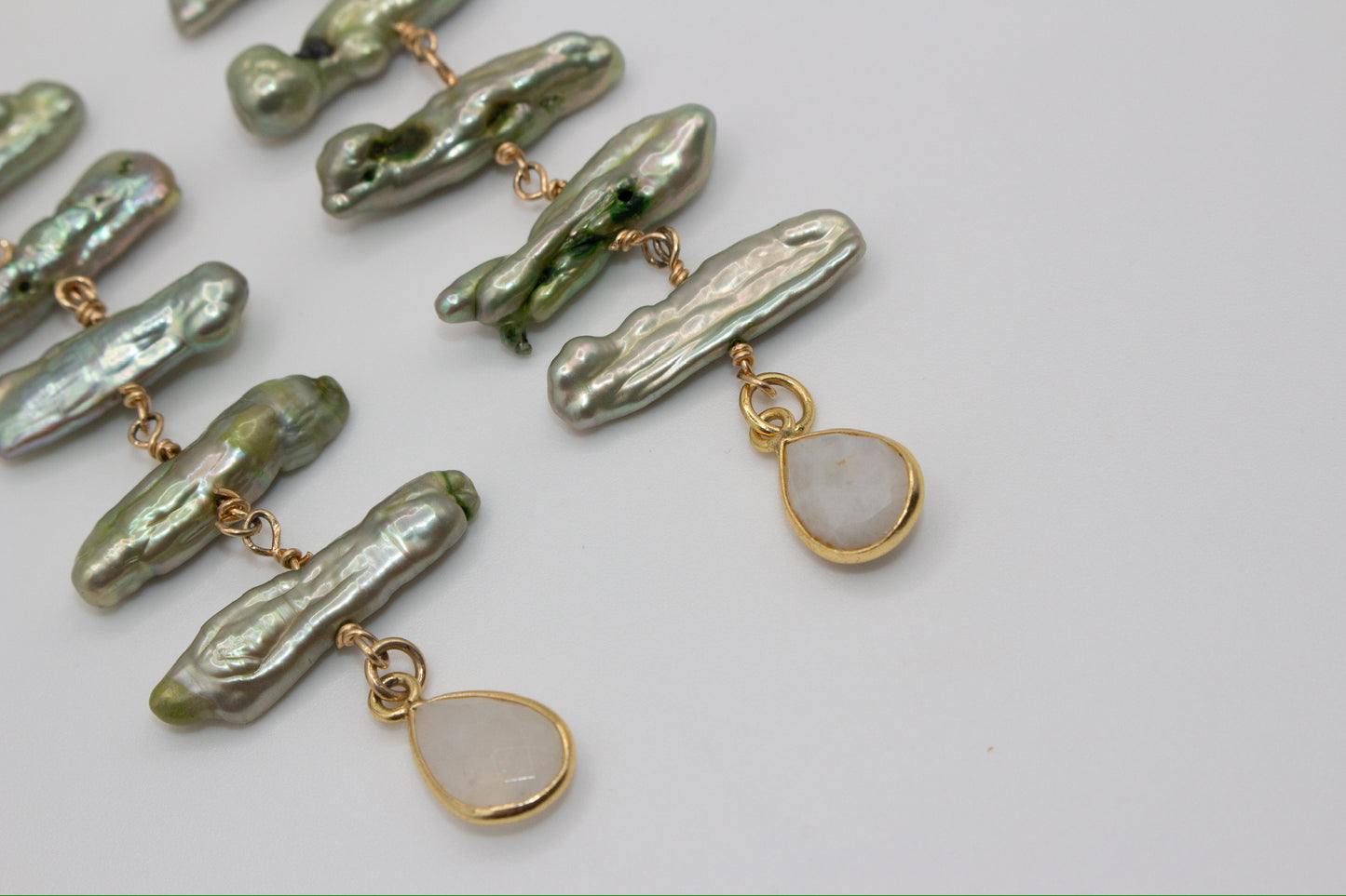 Freshwater Pearl Stick earrings with Moonstone drop